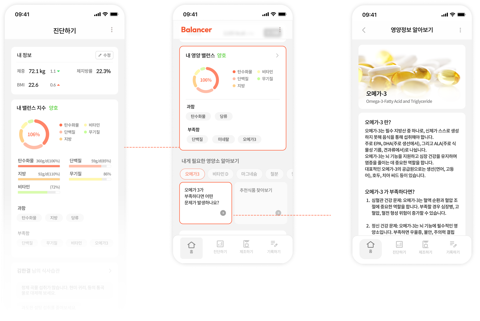 내 영양 밸런스와 영양정보 알아보기 화면